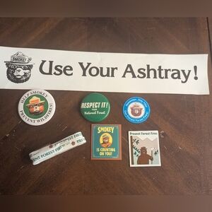 Vintage Smokey Bear Buttons, Magnets, Shoelaces & Bumper Sticker Lot